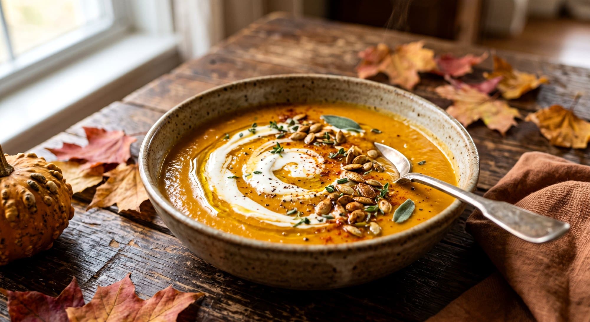 Huisbereide pompoensoep met herfstbladeren