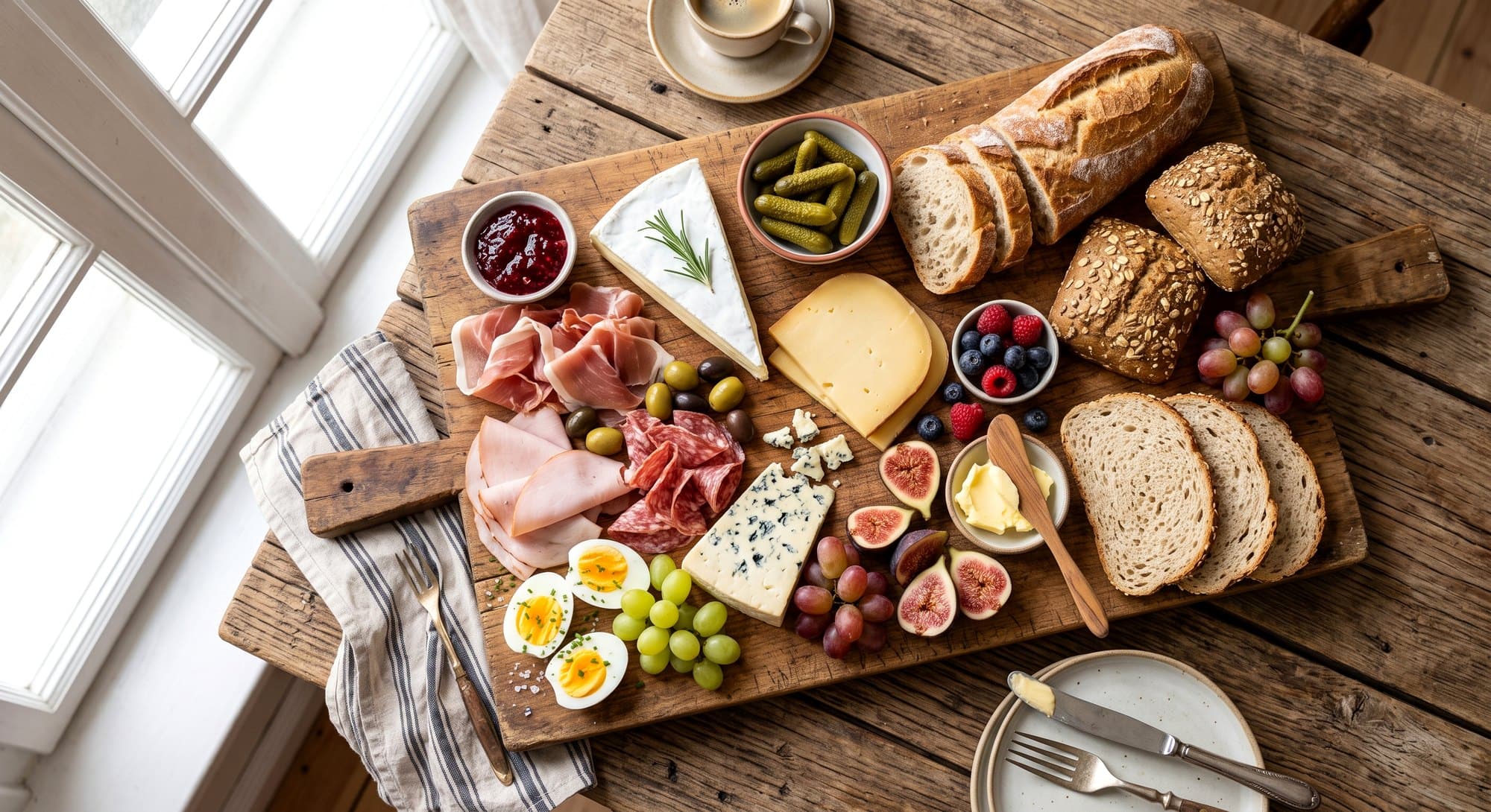 Plank met kaas, charcuterie en vers brood