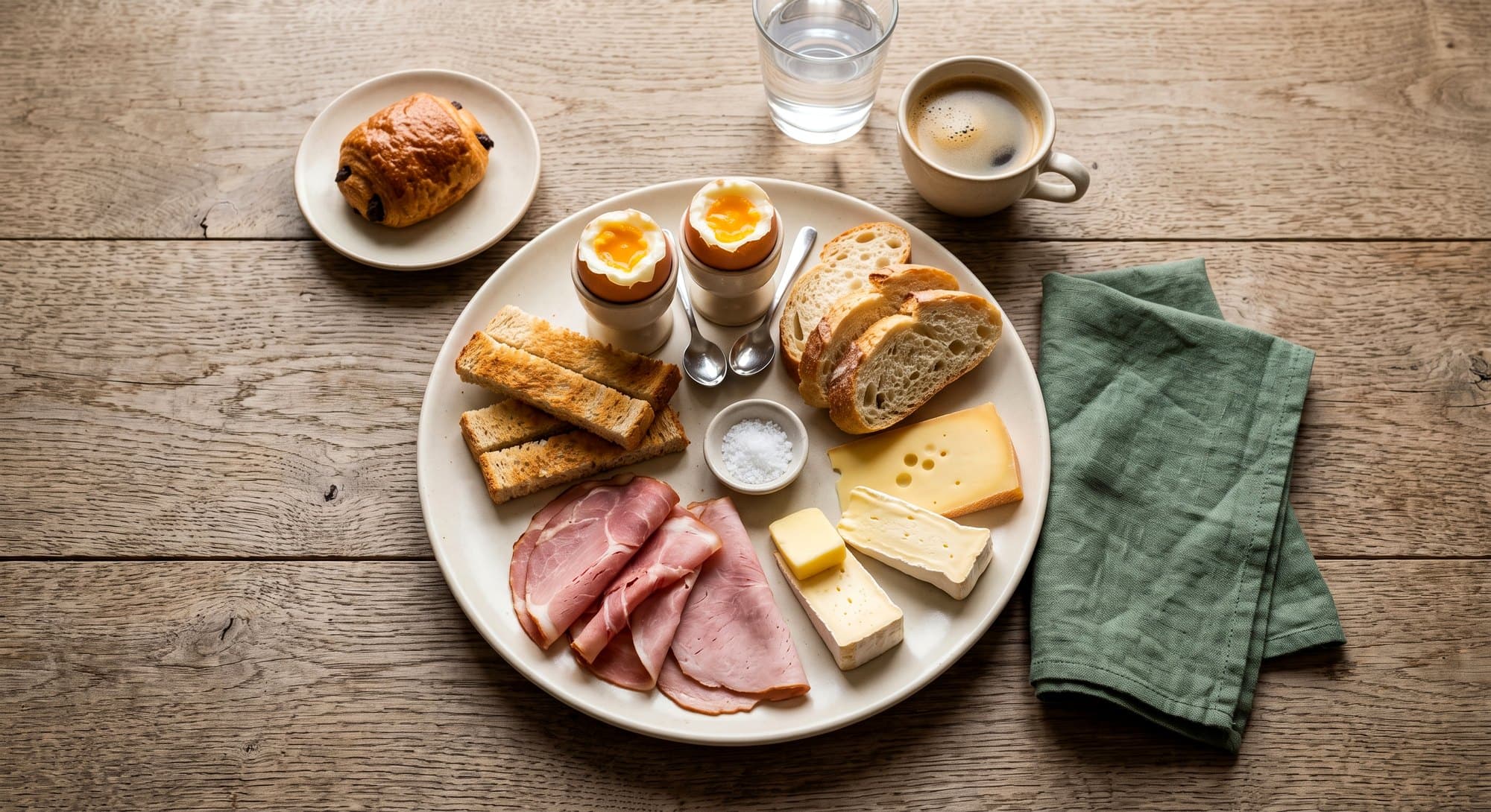 Ontbijtbord met zachtgekookte eitjes, brood en kaas